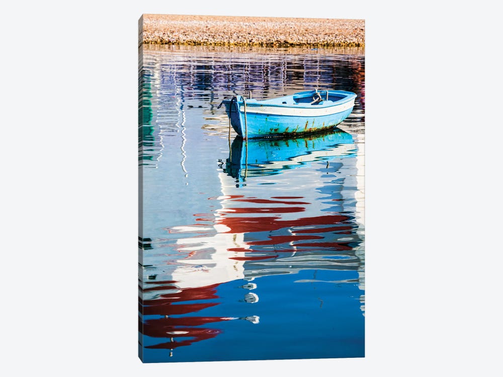 Greece, Mykonos, Hora, Fishing Boat and Reflection of a Church in the Water 1-piece Canvas Wall Art