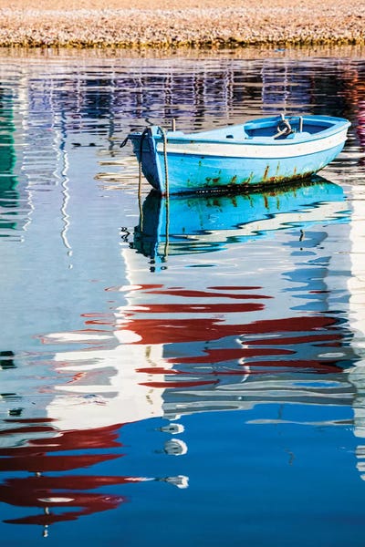 Hollice Looney: Greece, Mykonos, Hora, Fishing Boat and Reflection of a Church in the Water by Hollice Looney