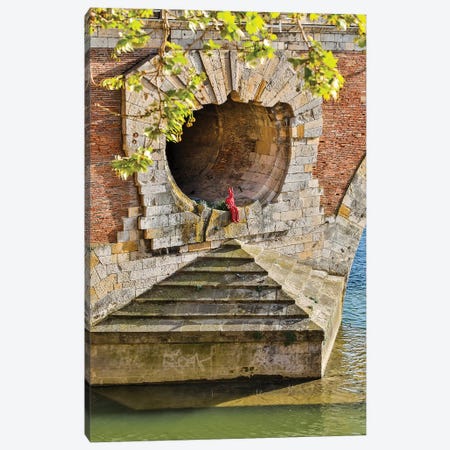 France, Toulouse. Red Devil sitting in opening of the Pont Neuf (Bridge) Canvas Print #HLO68} by Hollice Looney Canvas Print