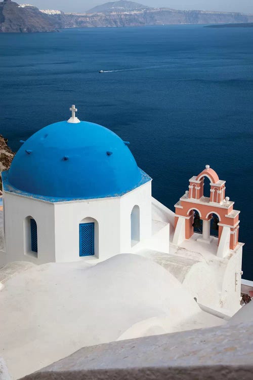 Greece, Santorini. Blue dome and bell tower