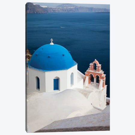 Greece, Santorini. Blue dome and bell tower Canvas Print #HLO6} by Hollice Looney Canvas Wall Art