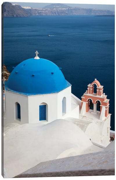 Greece, Santorini. Blue dome and bell tower Canvas Art Print - Santorini Art