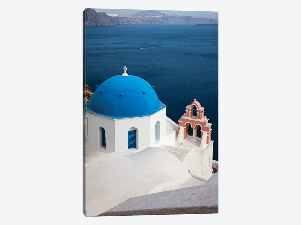 Greece, Santorini. Blue dome and bell tower by Hollice Looney 1-piece Canvas Print