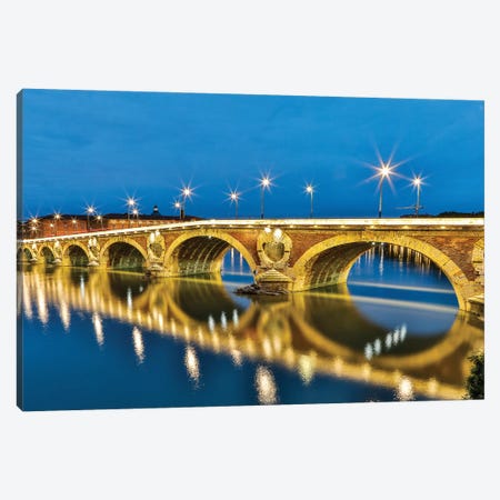 France, Toulouse. View of Pont Neuf and the Garonne River and reflections at sunset Canvas Print #HLO70} by Hollice Looney Canvas Wall Art
