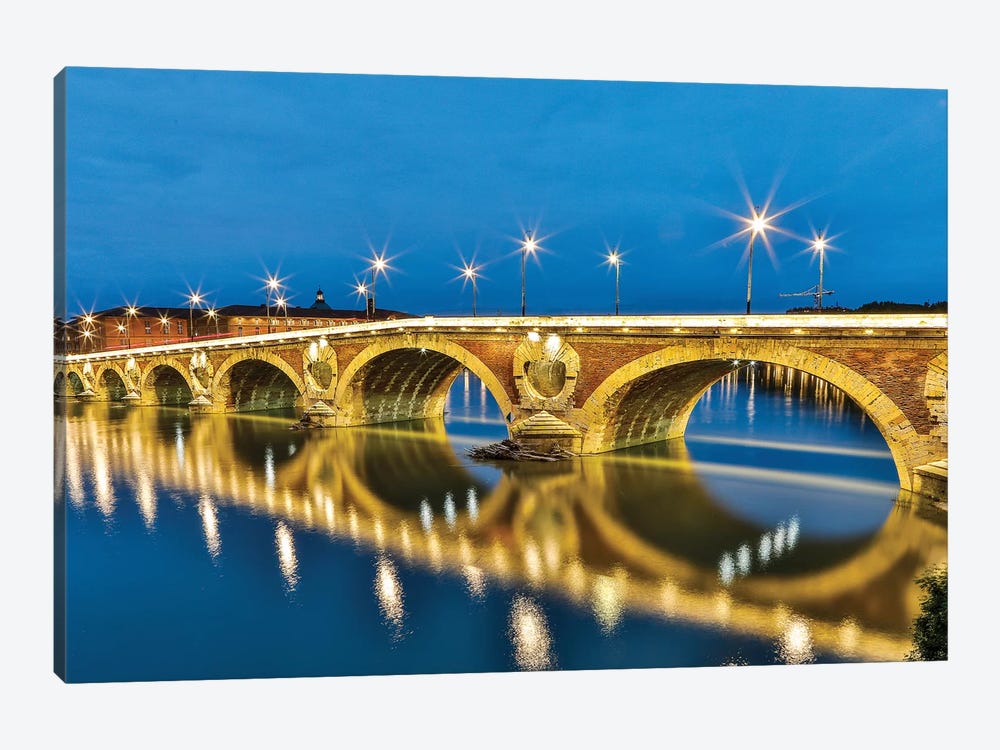 France, Toulouse. View of Pont Neuf and the Garonne River and reflections at sunset by Hollice Looney 1-piece Canvas Artwork