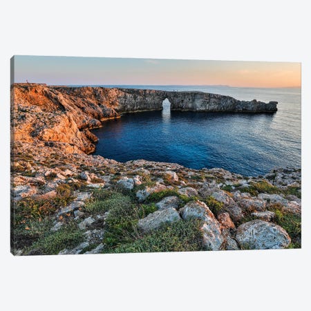 Spain, Menorca. Sunset at Pont d'En Gil (natural arch). Canvas Print #HLO75} by Hollice Looney Art Print