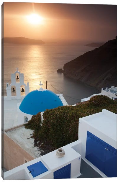 Greece, Santorini. Blue dome and bell tower at sunset Canvas Art Print - Greece Art