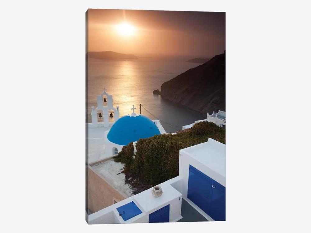 Greece, Santorini. Blue dome and bell tower at sunset by Hollice Looney 1-piece Canvas Art