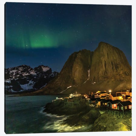 Norway, Lofoten Islands Aurora Borealis In The Sky Above Hamnoy In Reine Canvas Print #HLO80} by Hollice Looney Art Print