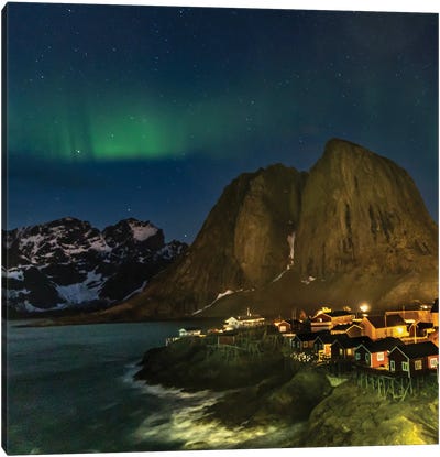 Norway, Lofoten Islands Aurora Borealis In The Sky Above Hamnoy In Reine Canvas Art Print