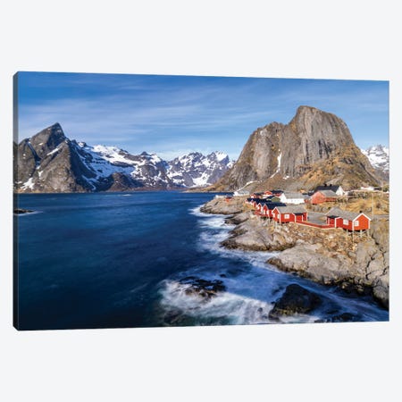 Norway, Lofoten Islands Hamnoy (Reine), Red Rorbuer (Fishermen's Cottages) Canvas Print #HLO82} by Hollice Looney Canvas Print