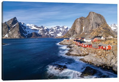 Norway, Lofoten Islands Hamnoy (Reine), Red Rorbuer (Fishermen's Cottages) Canvas Art Print - Norway Art