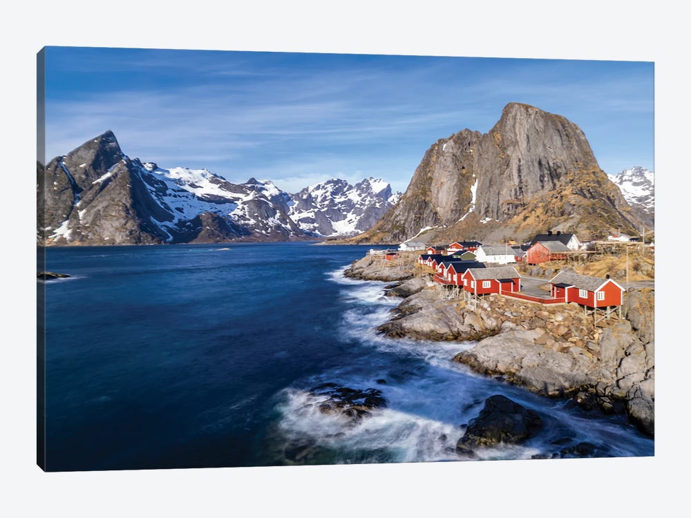 Norway, Lofoten Islands Hamnoy (Reine), Red Rorbuer (Fishermen's Cottages) by Hollice Looney 1-piece Canvas Art Print