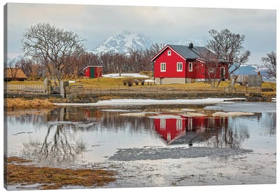 Norway, Lofoten Islands View Across Indrepollen Lake Canvas Art Print - Norway Art