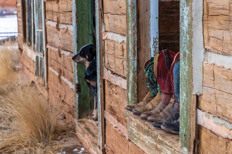 USA, Wyoming Hideout Horse Ranch, Boots On Display