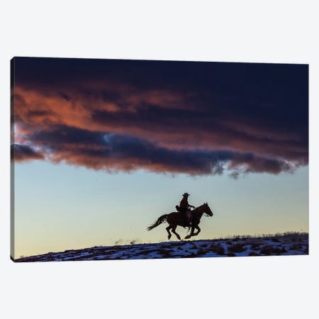 USA, Wyoming Hideout Horse Ranch, Wrangler And Horse At Sunset I Canvas Print #HLO88} by Hollice Looney Canvas Print