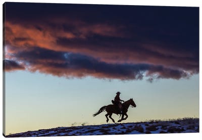 USA, Wyoming Hideout Horse Ranch, Wrangler And Horse At Sunset I Canvas Art Print - Cowboy & Cowgirl Art