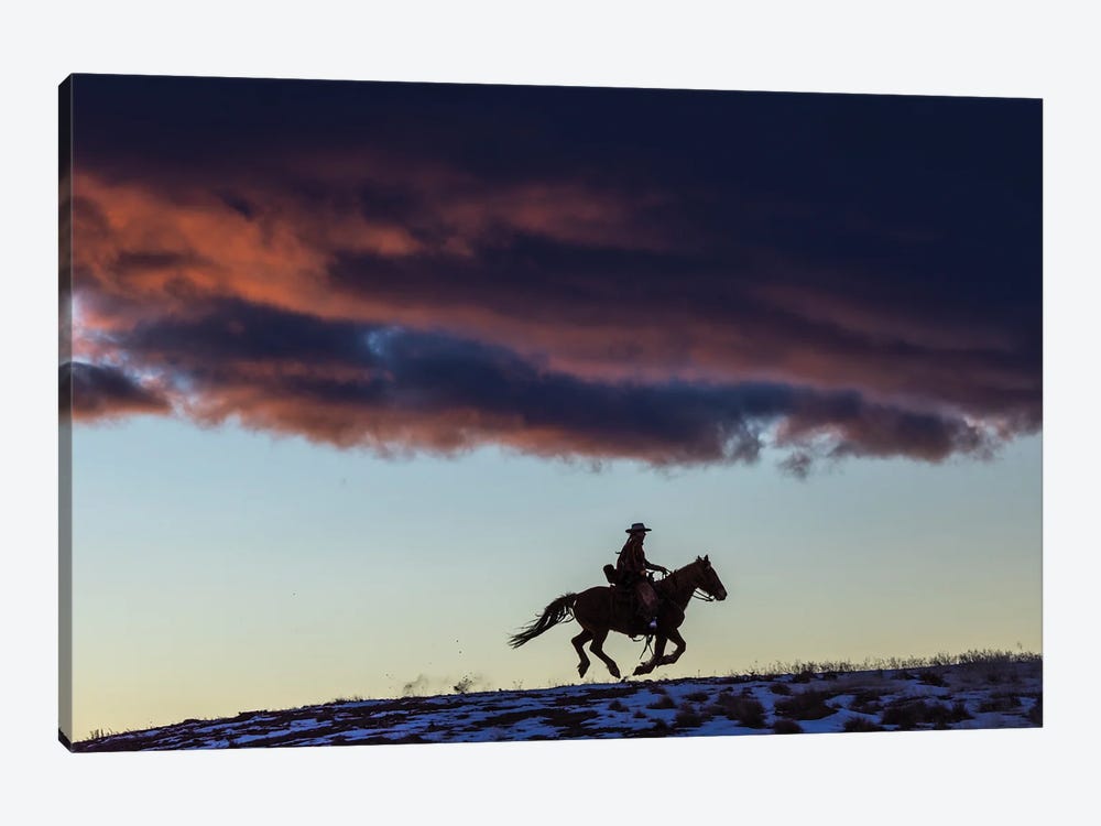 USA, Wyoming Hideout Horse Ranch, Wrangler And Horse At Sunset I by Hollice Looney 1-piece Canvas Print