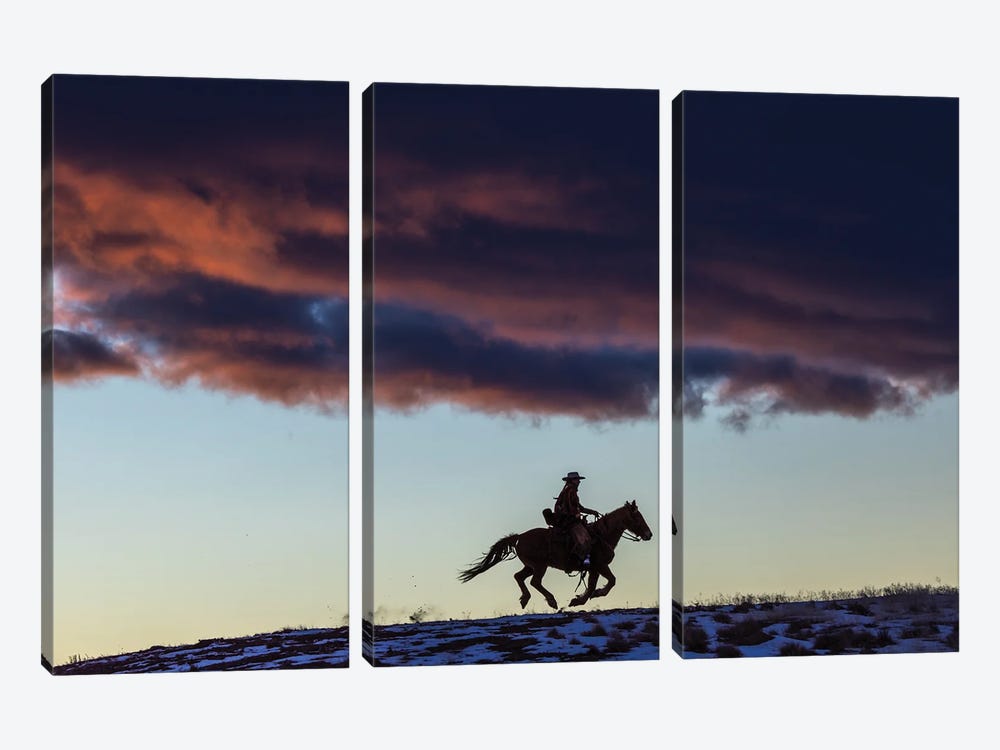 USA, Wyoming Hideout Horse Ranch, Wrangler And Horse At Sunset I by Hollice Looney 3-piece Canvas Print