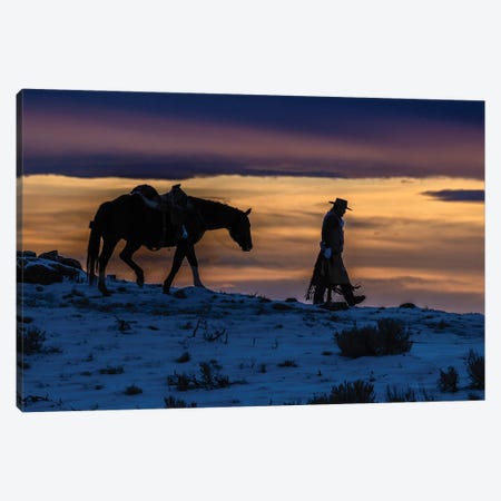 USA, Wyoming Hideout Horse Ranch, Wrangler And Horse At Sunset II Canvas Print #HLO89} by Hollice Looney Canvas Art Print