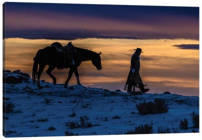 USA, Wyoming Hideout Horse Ranch, Wrangler And Horse At Sunset II Canvas Art Print - Cowboy & Cowgirl Art