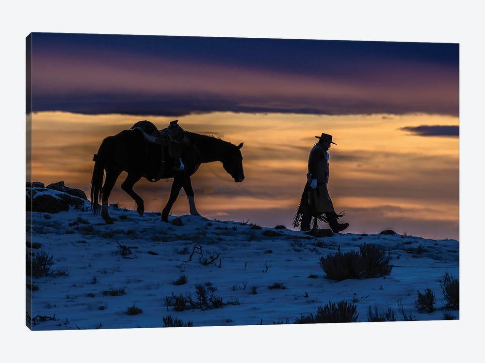 USA, Wyoming Hideout Horse Ranch, Wrangler And Horse At Sunset II by Hollice Looney 1-piece Canvas Wall Art