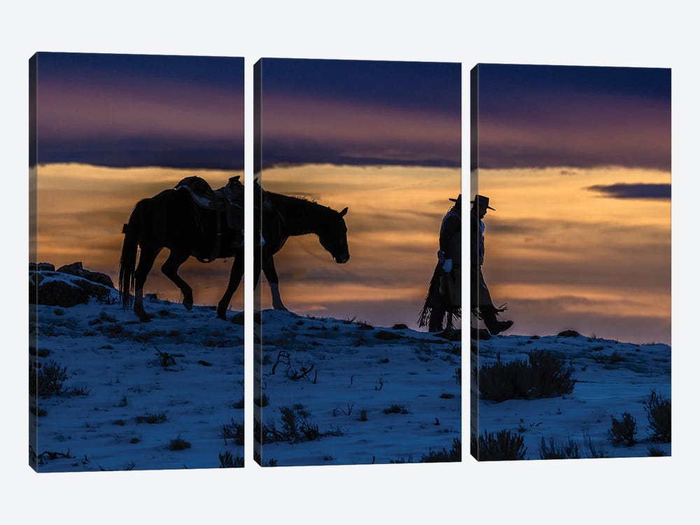 USA, Wyoming Hideout Horse Ranch, Wrangler And Horse At Sunset II by Hollice Looney 3-piece Canvas Wall Art