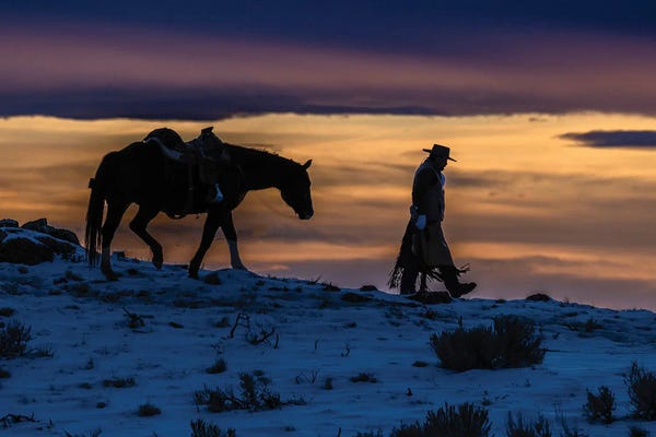 Hollice Looney: USA, Wyoming Hideout Horse Ranch, Wrangler And Horse At Sunset II by Hollice Looney