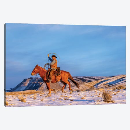 USA, Wyoming Hideout Horse Ranch, Wrangler And Horse In Snow Canvas Print #HLO90} by Hollice Looney Canvas Art