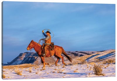 USA, Wyoming Hideout Horse Ranch, Wrangler And Horse In Snow Canvas Art Print