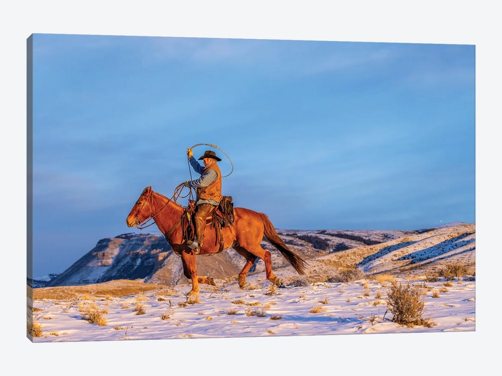USA, Wyoming Hideout Horse Ranch, Wrangler And Horse In Snow by Hollice Looney 1-piece Canvas Artwork