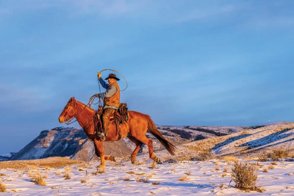Hollice Looney: USA, Wyoming Hideout Horse Ranch, Wrangler And Horse In Snow by Hollice Looney