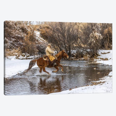 USA, Wyoming Hideout Horse Ranch, Wrangler Crossing The Stream On Horseback Canvas Print #HLO91} by Hollice Looney Canvas Artwork