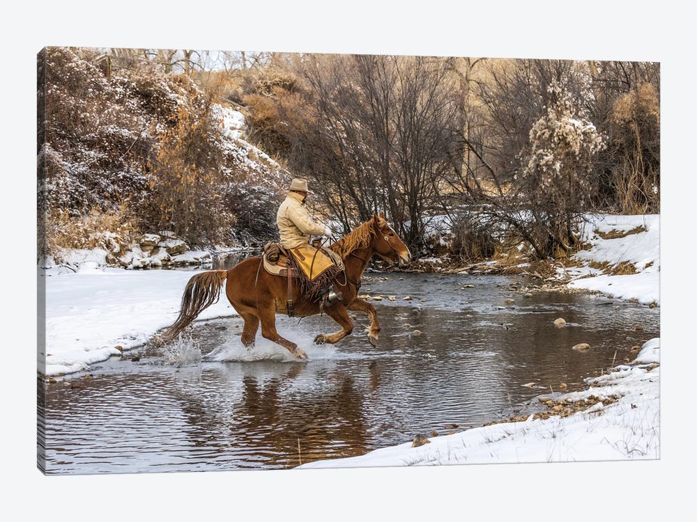 USA, Wyoming Hideout Horse Ranch, Wrangler Crossing The Stream On Horseback by Hollice Looney 1-piece Art Print