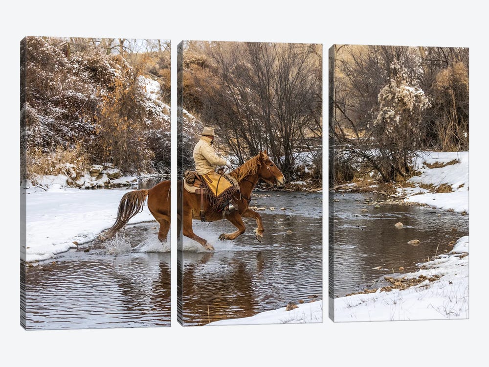 USA, Wyoming Hideout Horse Ranch, Wrangler Crossing The Stream On Horseback by Hollice Looney 3-piece Canvas Art Print