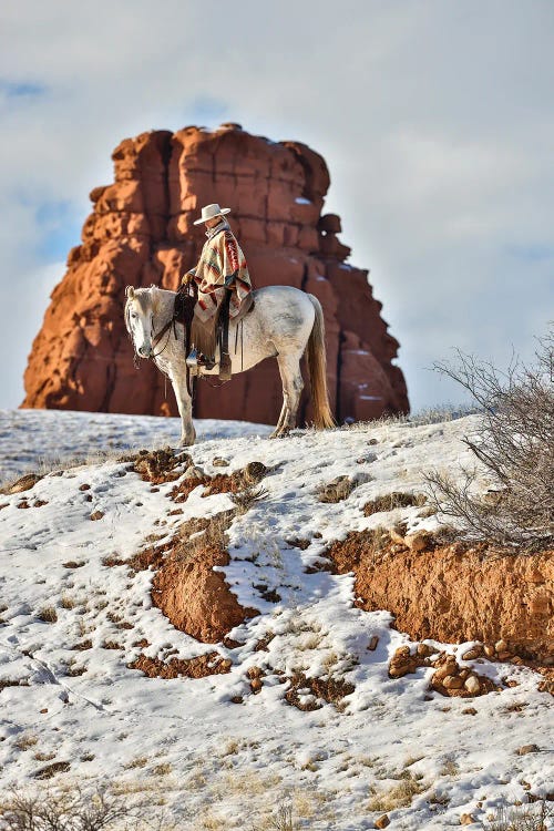 USA, Wyoming Hideout Horse Ranch, Wrangler On Horseback In Snow