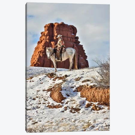 USA, Wyoming Hideout Horse Ranch, Wrangler On Horseback In Snow Canvas Print #HLO92} by Hollice Looney Canvas Artwork