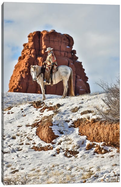 USA, Wyoming Hideout Horse Ranch, Wrangler On Horseback In Snow Canvas Art Print