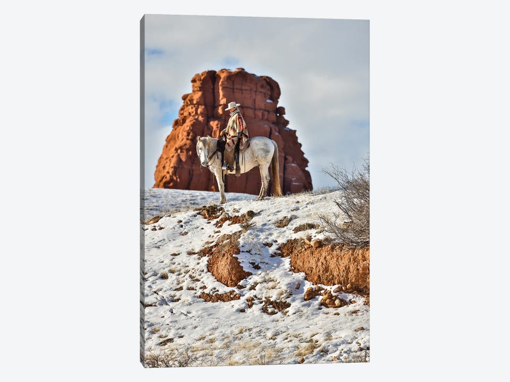 USA, Wyoming Hideout Horse Ranch, Wrangler On Horseback In Snow by Hollice Looney 1-piece Canvas Artwork
