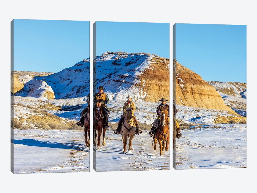 USA, Wyoming Hideout Horse Ranch, Wranglers And Horses In Snow by Hollice Looney 3-piece Canvas Art Print