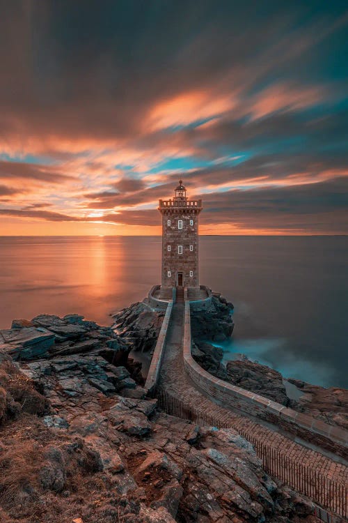 France, Brittany, Le Conquet. Sun Setting At The Kermorvan Lighthouse