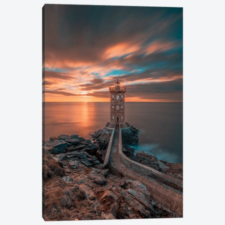France, Brittany, Le Conquet. Sun Setting At The Kermorvan Lighthouse Canvas Print #HLO94} by Hollice Looney Canvas Print