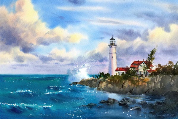 Contemporary Coastal: Lighthouse And Sea by HomelikeArt