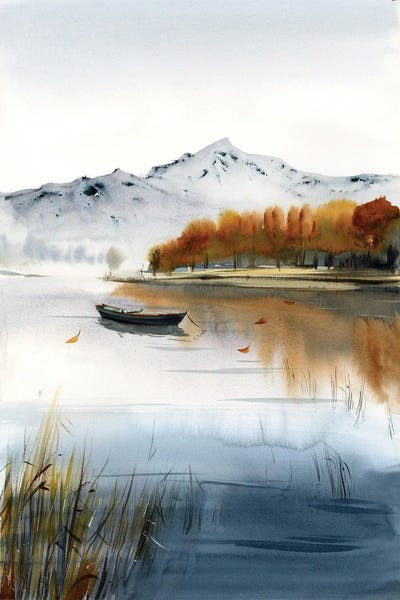 Serene Watercolors: Boat On The Lake Autumn Landscape II by HomelikeArt