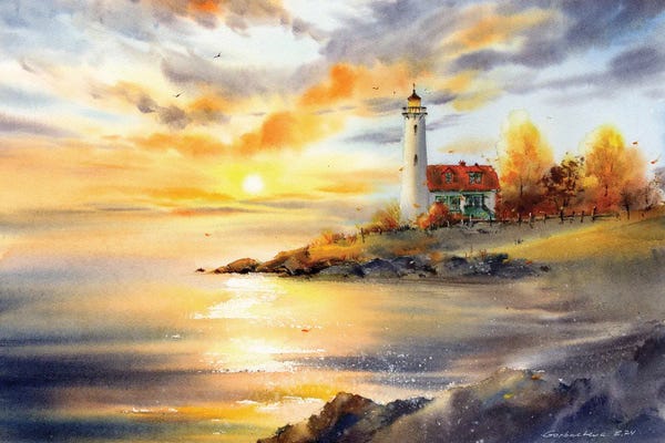 Serene Watercolors: Lighthouse At Sunset, Autumn Landscape by HomelikeArt