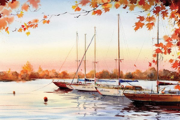 Yachts: Yachts In The Marina, Autumn Landscape by HomelikeArt