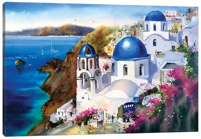 Santorini Island, Greece Canvas Art Print - Blue Domed Church Santorini