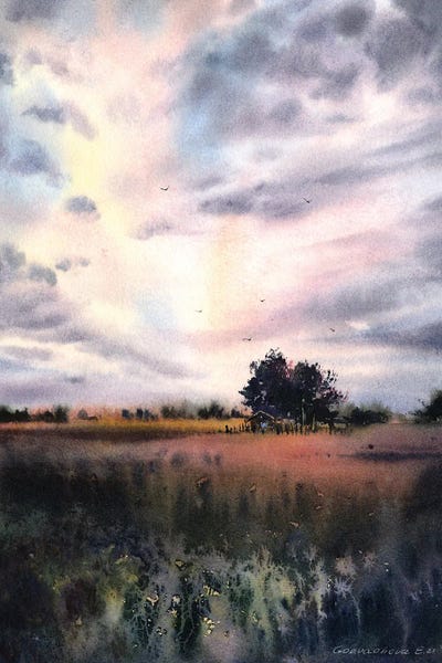 Serene Watercolors: Field And Clouds II by HomelikeArt