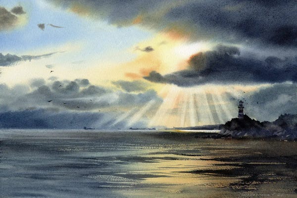Serene Watercolors: Lighthouse And Clouds by HomelikeArt