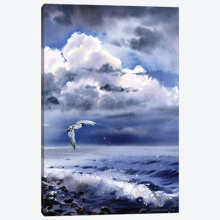 Seagull Over The Sea Canvas Print #HLT63} by HomelikeArt Canvas Artwork
